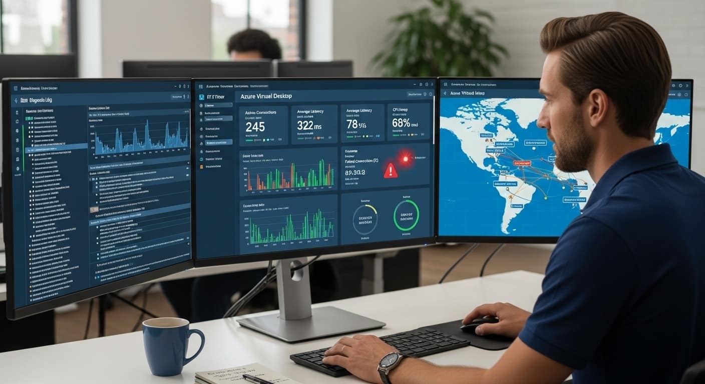 IT administrator managing Azure Virtual Desktop architecture through performance monitoring dashboards.