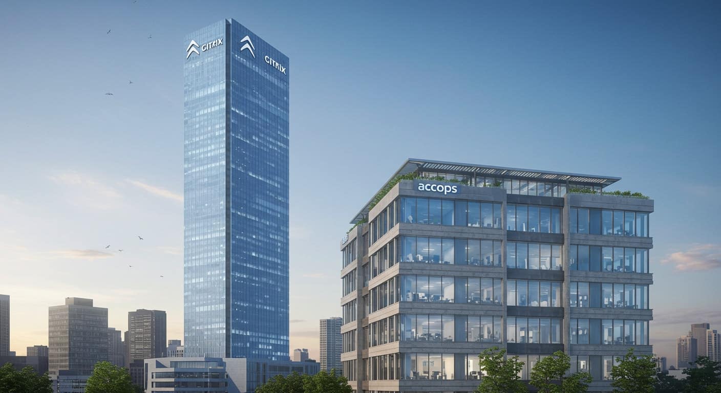 Accops vs Citrix illustrated as buildings, showing enterprise scale versus agile SMB focus.