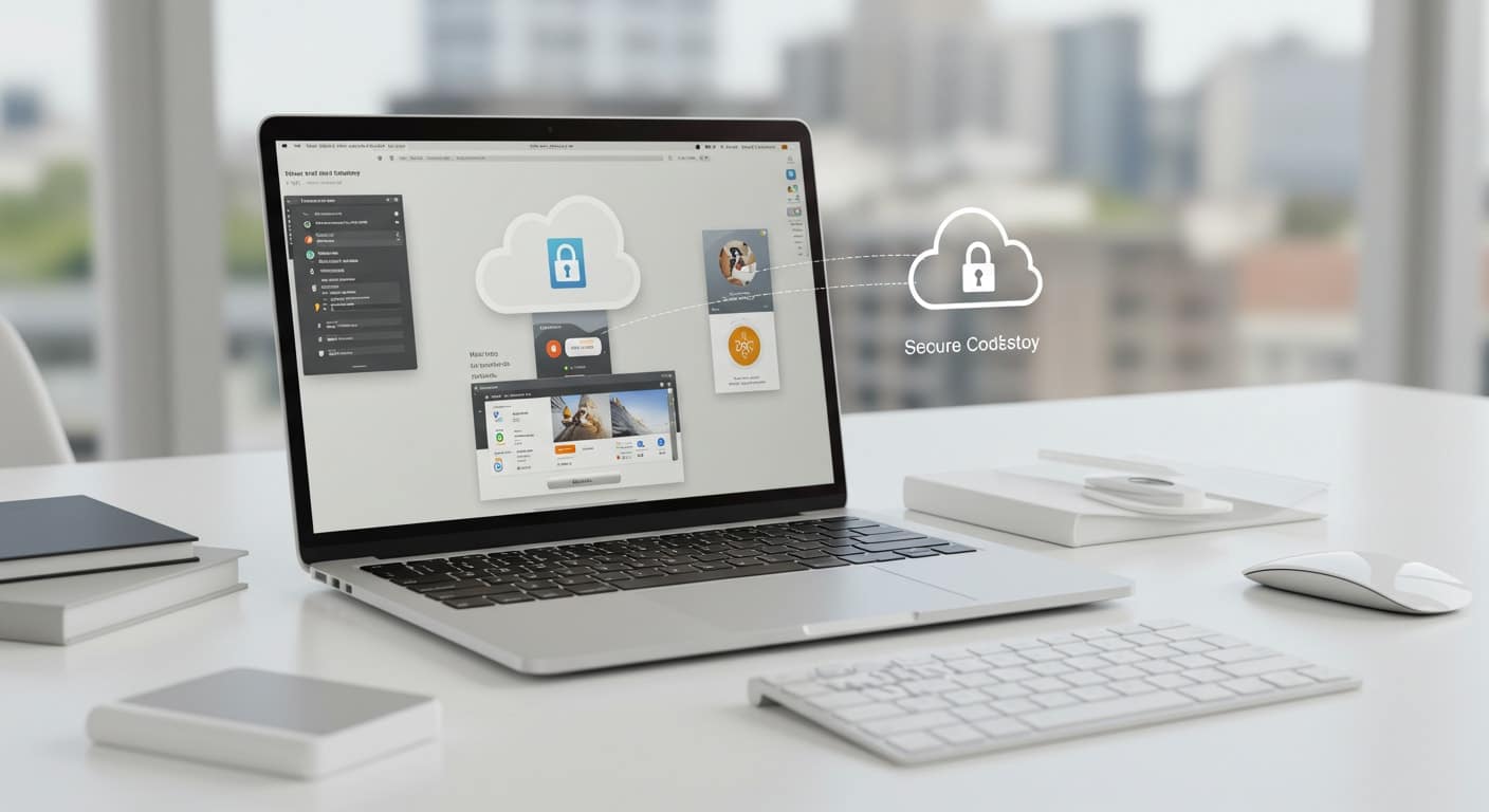 Close-up of a MacBook displaying a secure, cloud-based virtual desktop interface, demonstrating secure and user-friendly VDI for Mac