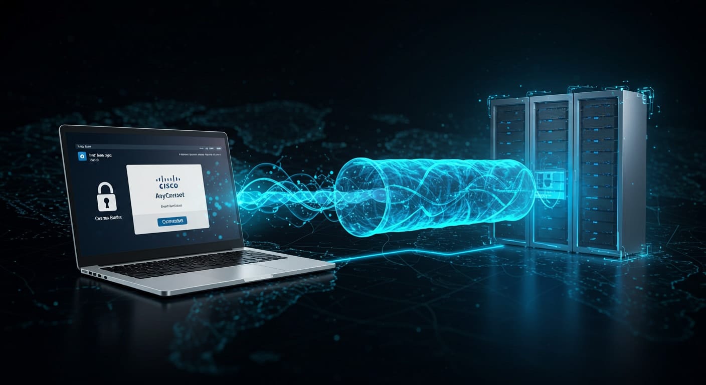 Laptop connecting to server via encrypted VPN tunnel using Cisco AnyConnect, illustrating Cisco AnyConnect vs Citrix secure access.