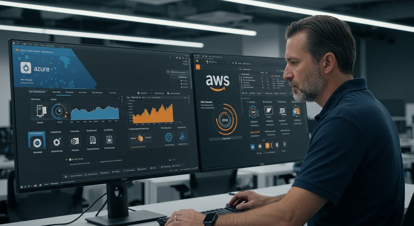 IT professional comparing Azure vs AWS dashboards to evaluate performance, cost, and scalability.
