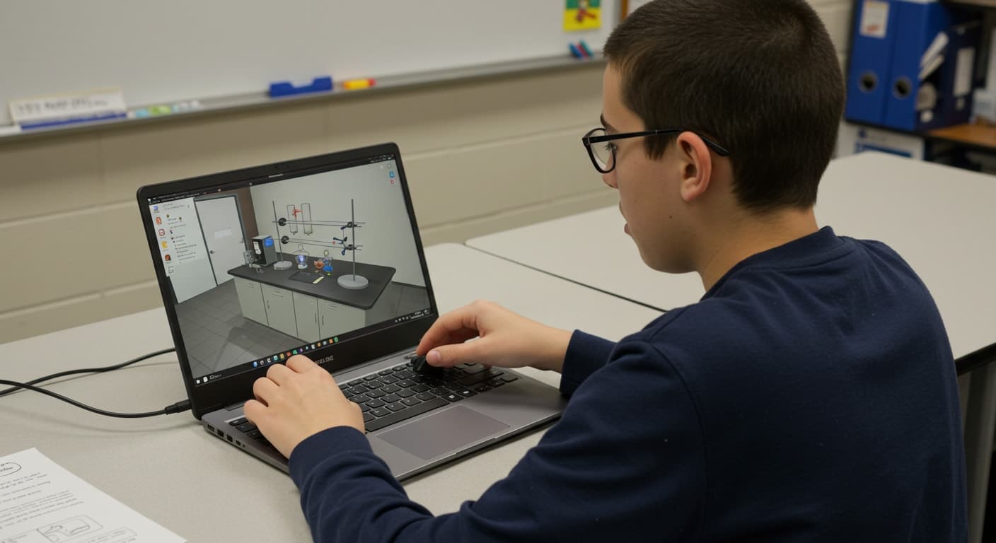 Student operating Windows software simulation through a Windows emulator for Chromebook in a classroom.
