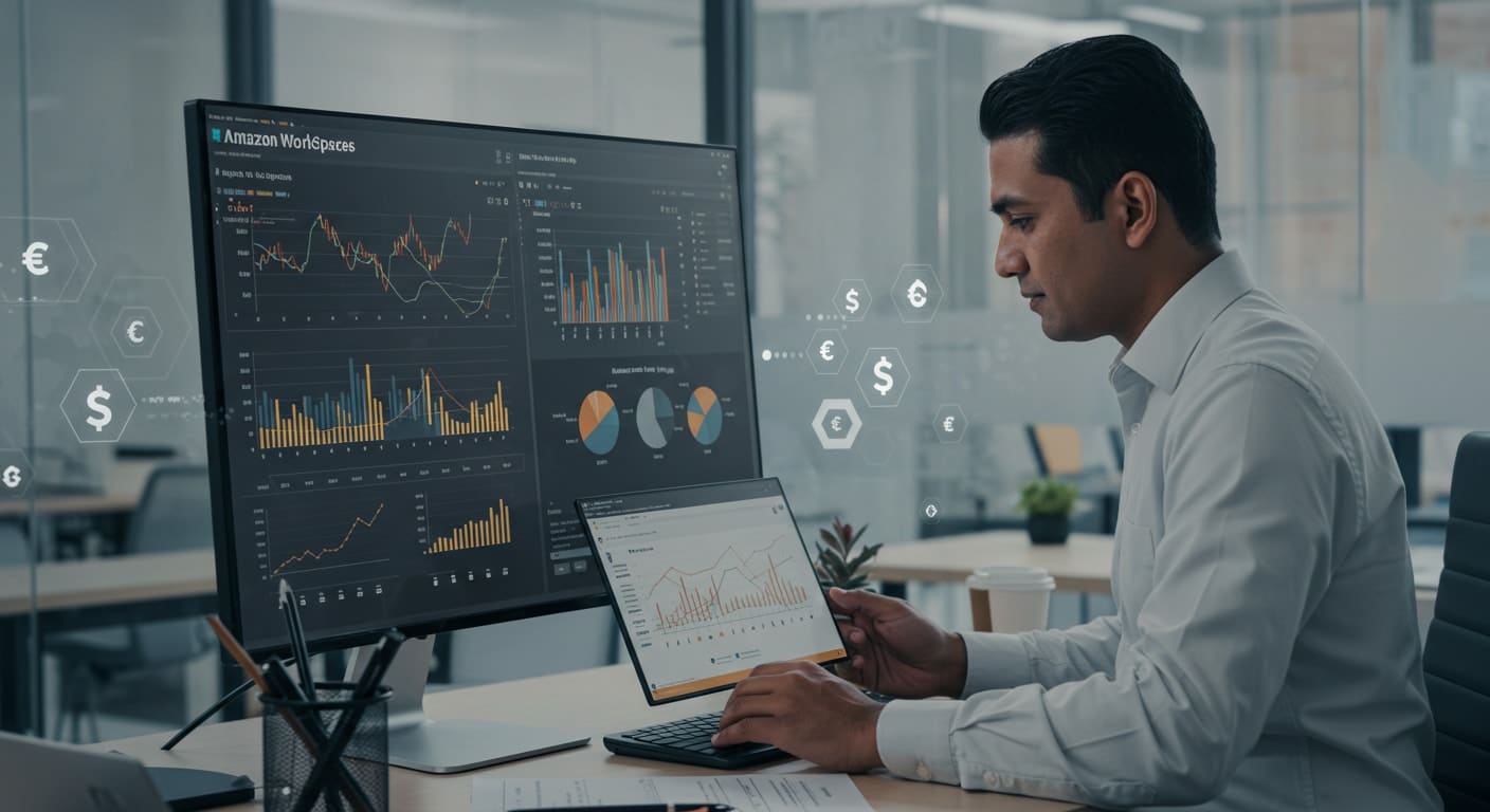 Business professional reviewing analytics and cost performance with Amazon WorkSpaces virtual desktop