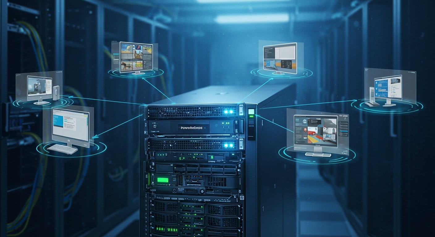 Citrix VDI server delivering virtual desktop environments to multiple users, highlighting scalability and performance.