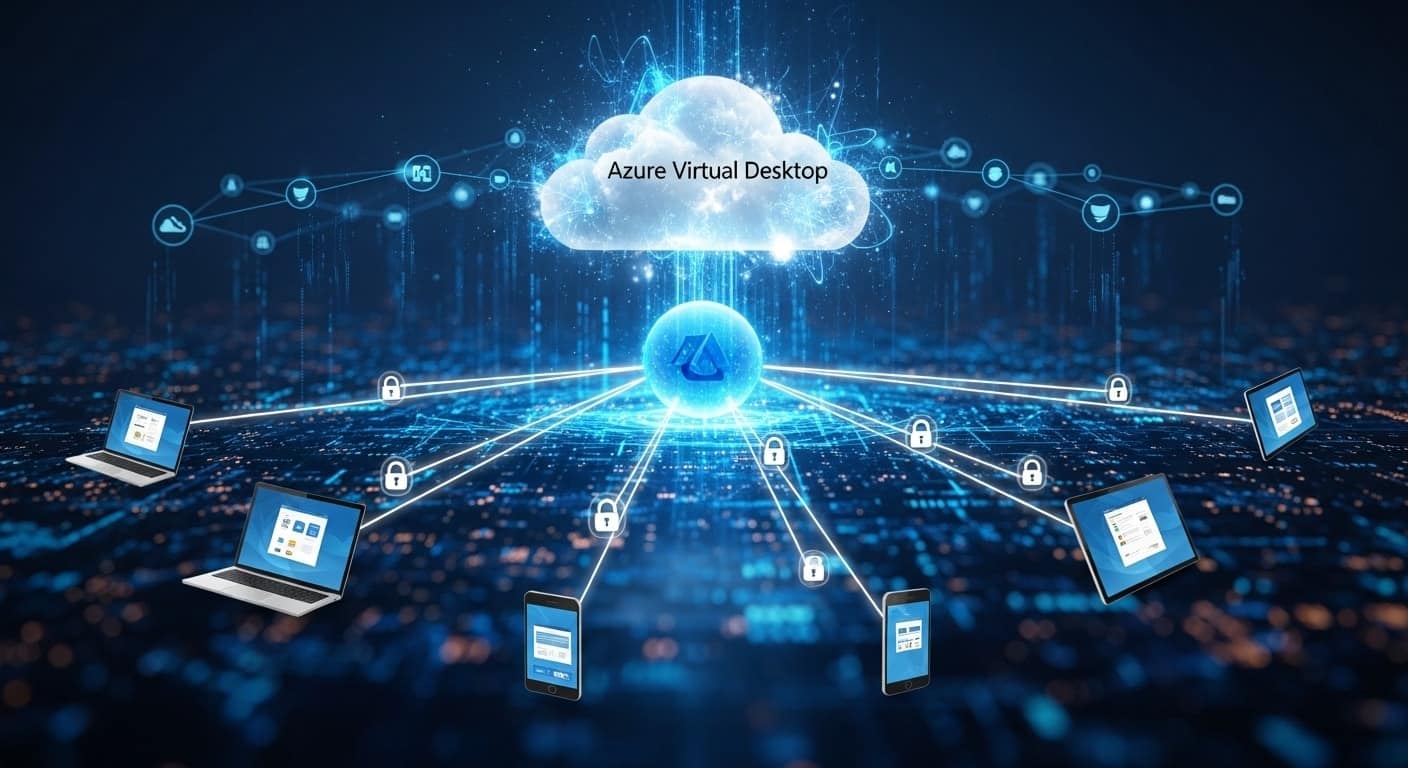 Cloud network illustration showing Azure Virtual Desktop securely connecting multiple devices in a DaaS environment.
