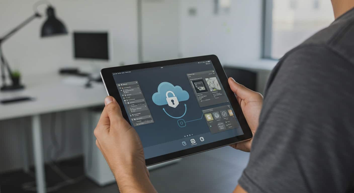 User accessing virtual desktop on a tablet via a secure cloud connection, showcasing Citrix VDI mobility and data protection.