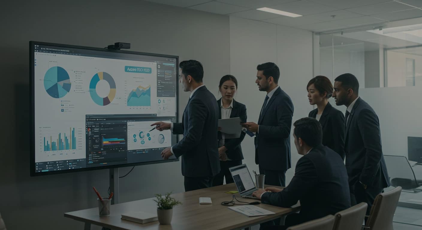 Enterprise team analyzing Azure Virtual Desktop total cost of ownership with performance charts