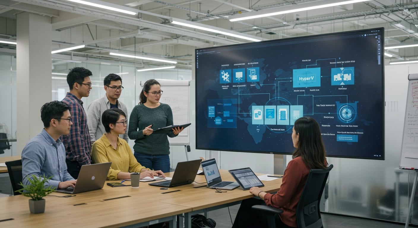 Business team reviewing Hyper-V virtualization architecture and integration with Windows ecosystem