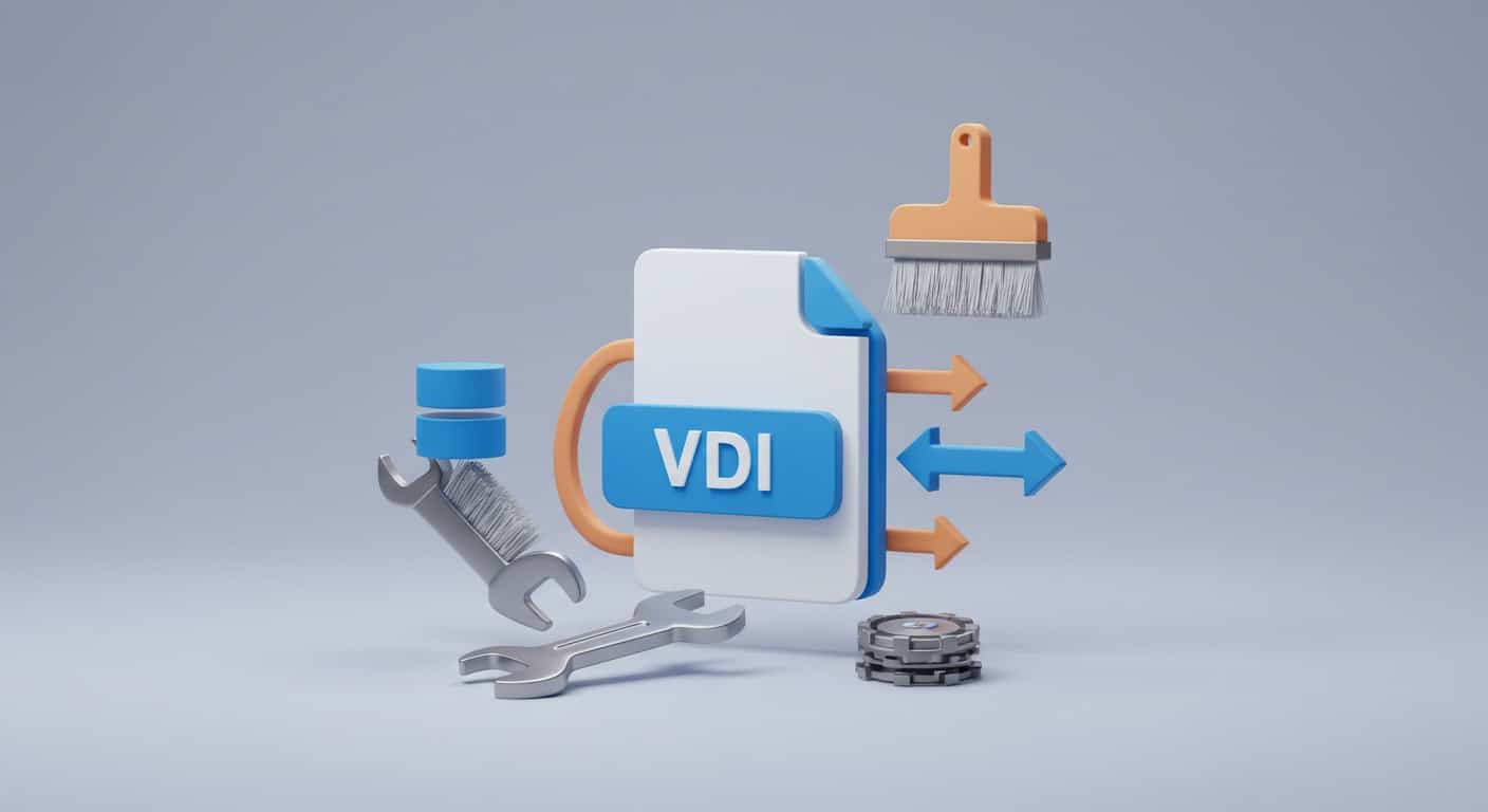 3D render of a VDI file being optimized using cleanup and maintenance tools, symbolizing performance best practices.