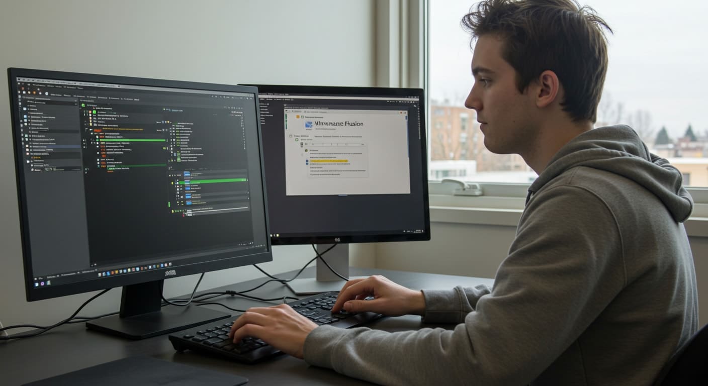Developer setting up virtual machines while comparing features of VMware Fusion vs Workstation on dual monitors.