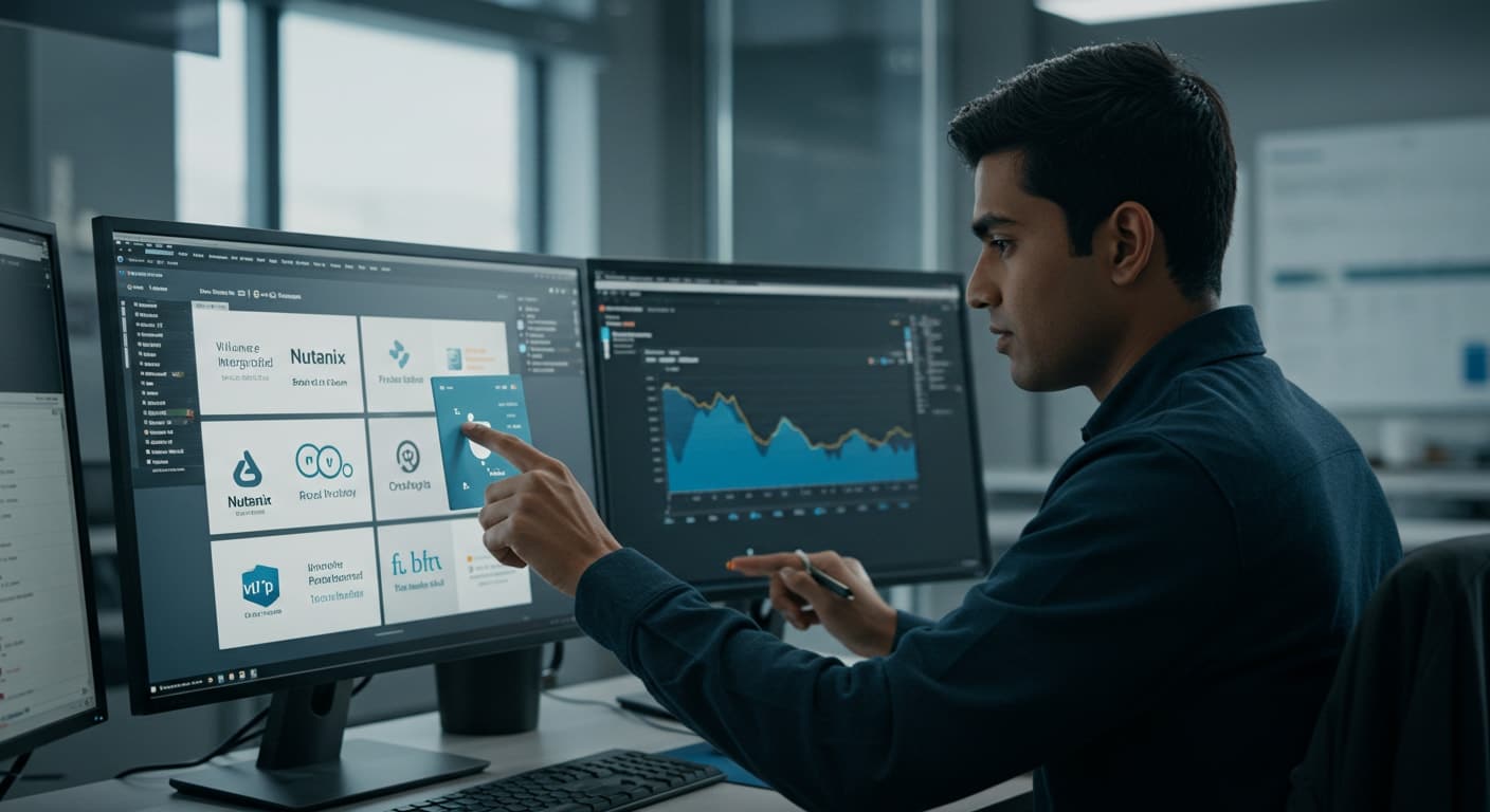 IT professional analyzing Nutanix vs VMware virtualization platforms on dual monitors with dashboards and performance charts.