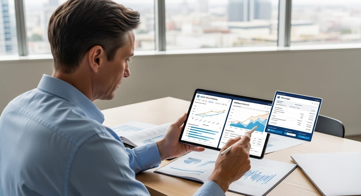 Business professional comparing Azure Virtual Desktop vs VMware Horizon performance and cost analytics on digital devices.