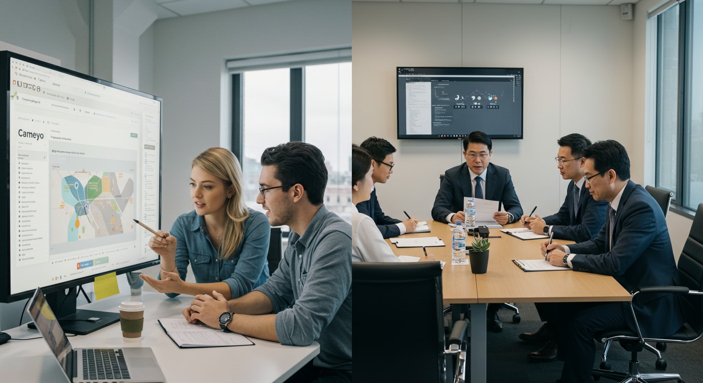 Teams reviewing Cameyo solution in a presentation versus executives evaluating Citrix desktops