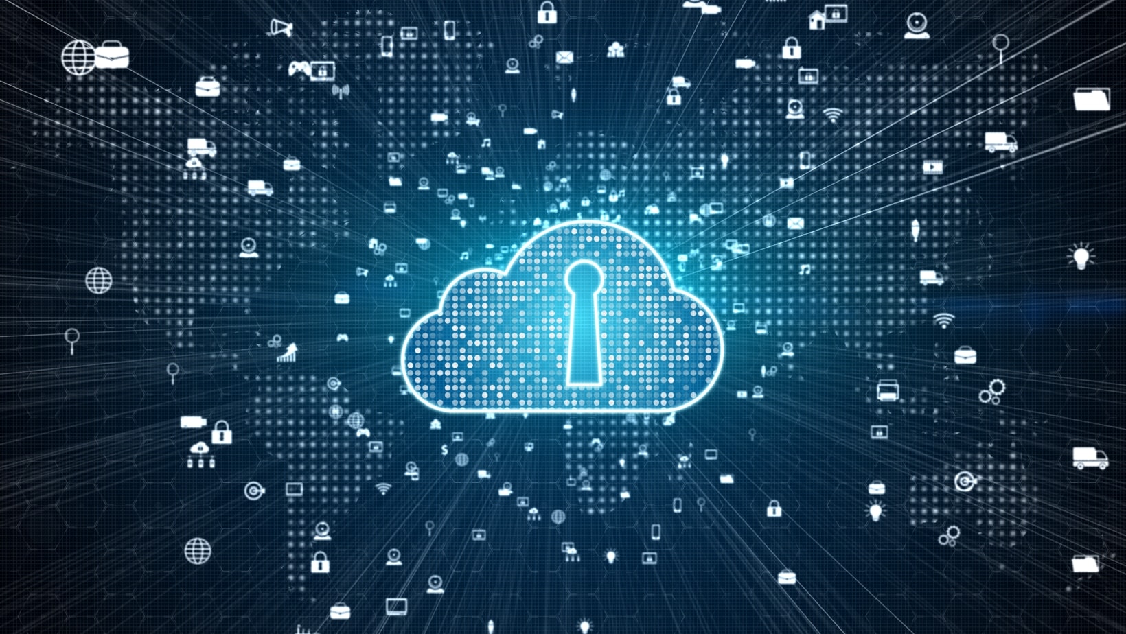Digital cloud with security keyhole representing secure DaaS architecture and global data connectivity