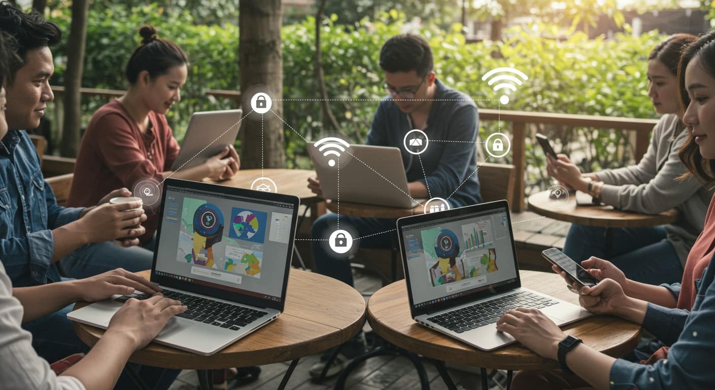 Remote users accessing VDI systems over public Wi-Fi with endpoint security risks highlighted through lock and network icons.