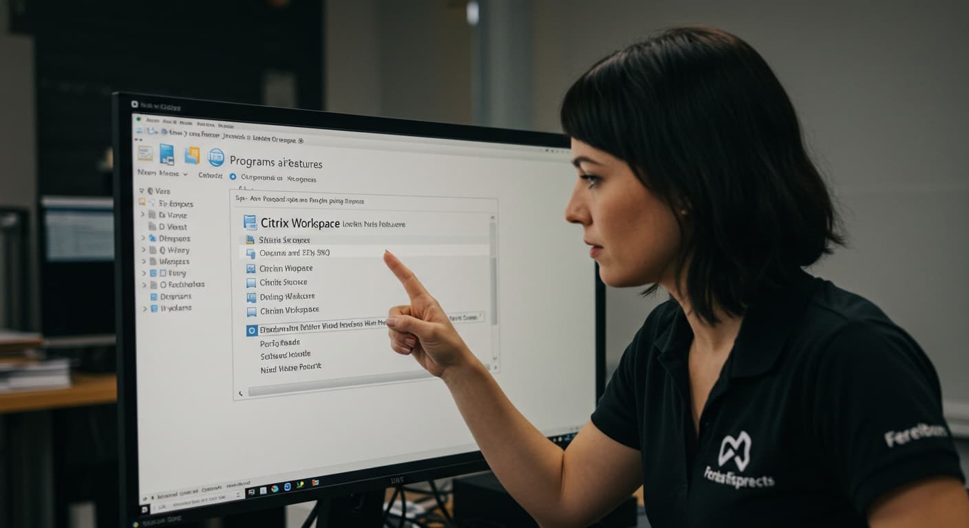 IT specialist pointing to Citrix Workspace in Windows Programs and Features before uninstall