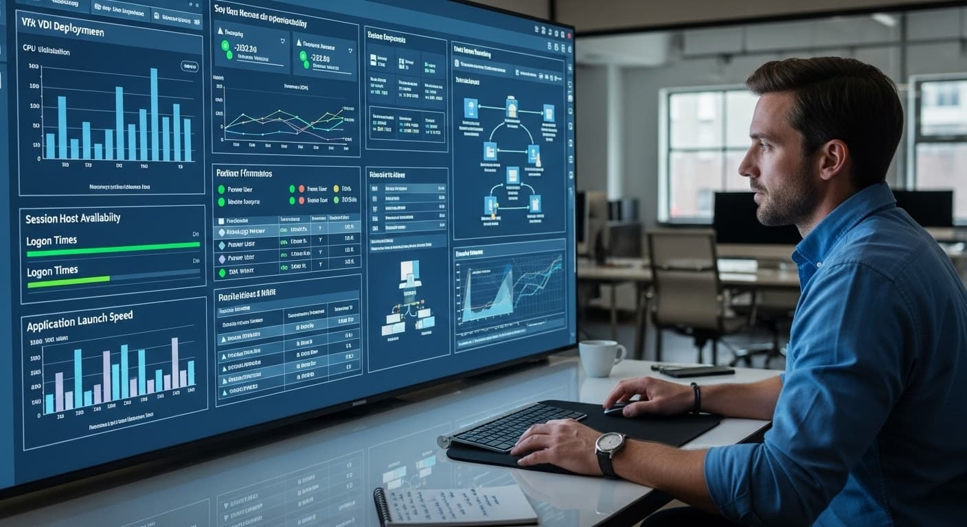 System administrator analyzing performance metrics and infrastructure capacity for Citrix VDI architecture deployment