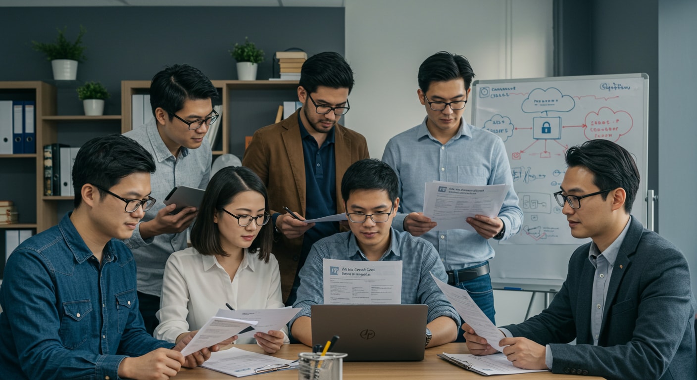 Team of IT professionals analyzing compliance strategies for Amazon Web Services vs Google Cloud vs Azure security features.
