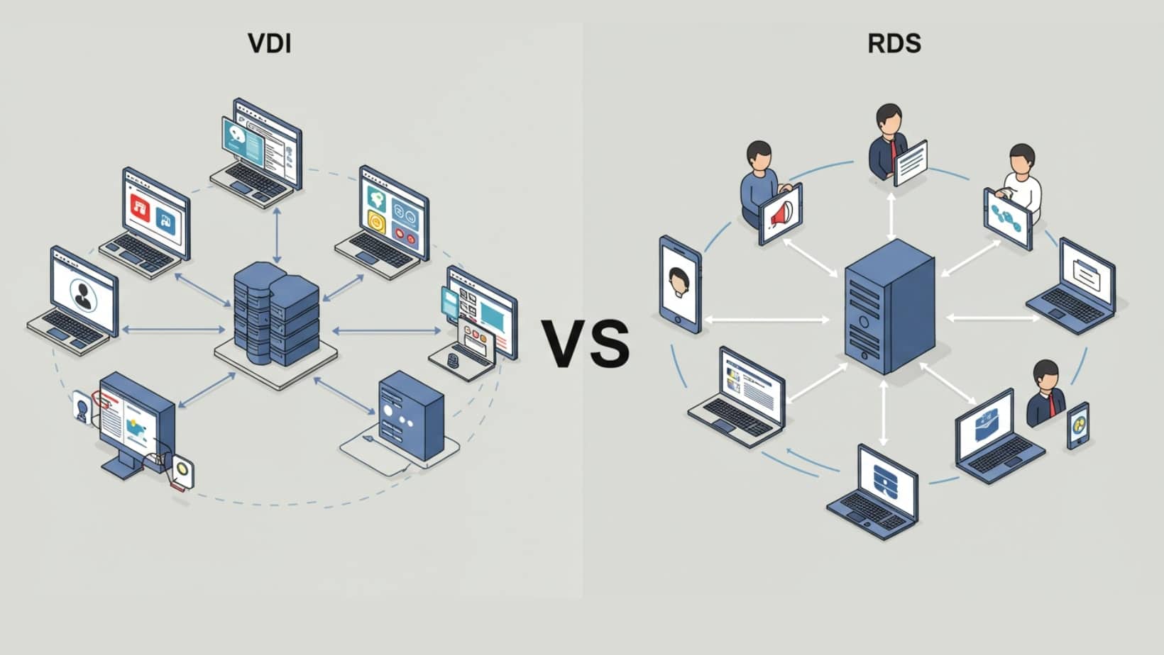 Diagram comparing VDI and RDS, illustrating the structural differences between virtual desktop infrastructure and remote desktop services