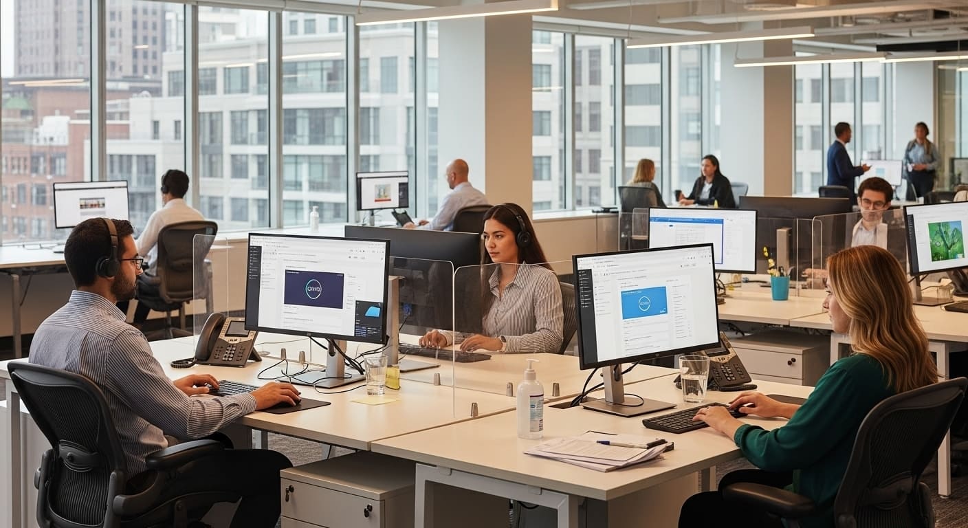 Modern office team using web applications and cloud tools securely, reflecting what is Citrix Enterprise Browser in a collaborative business environment.