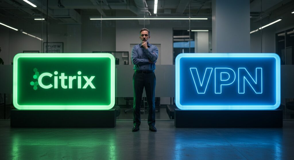 Business decision-maker standing between Citrix and VPN options, visually representing the choice between virtualization and traditional remote access.