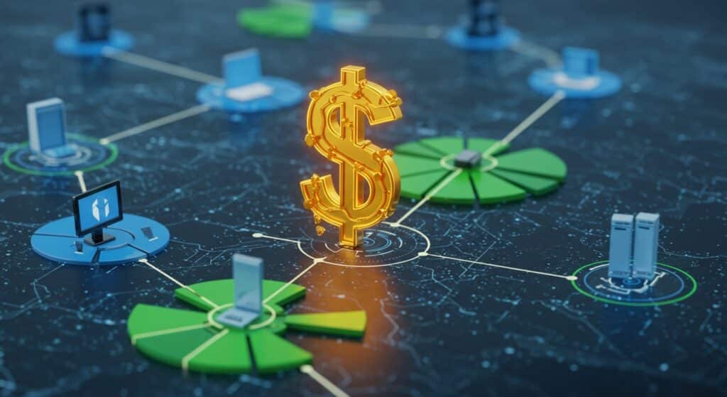 Visual representation of VMware Horizon pricing impact across distributed IT infrastructure and virtual desktop environments.