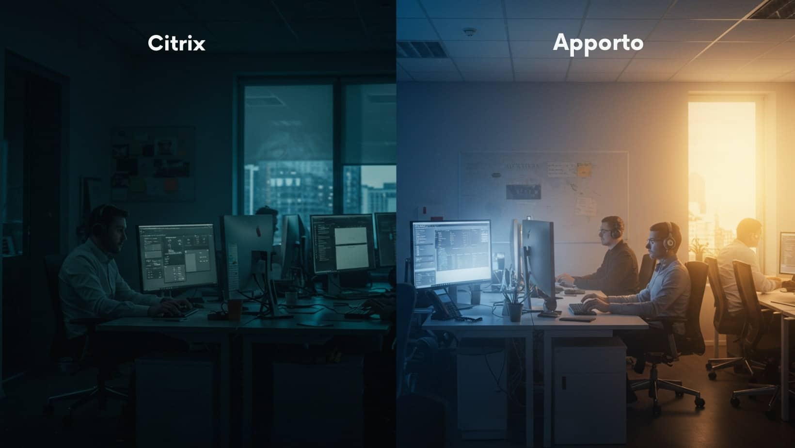Side-by-side visual comparison of Citrix and Apporto remote desktop environments in office settings.