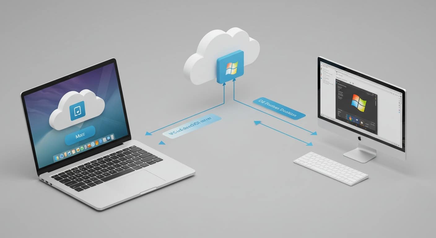 Illustration depicting seamless integration of Windows environment on macOS devices via cloud-based VDI for Mac