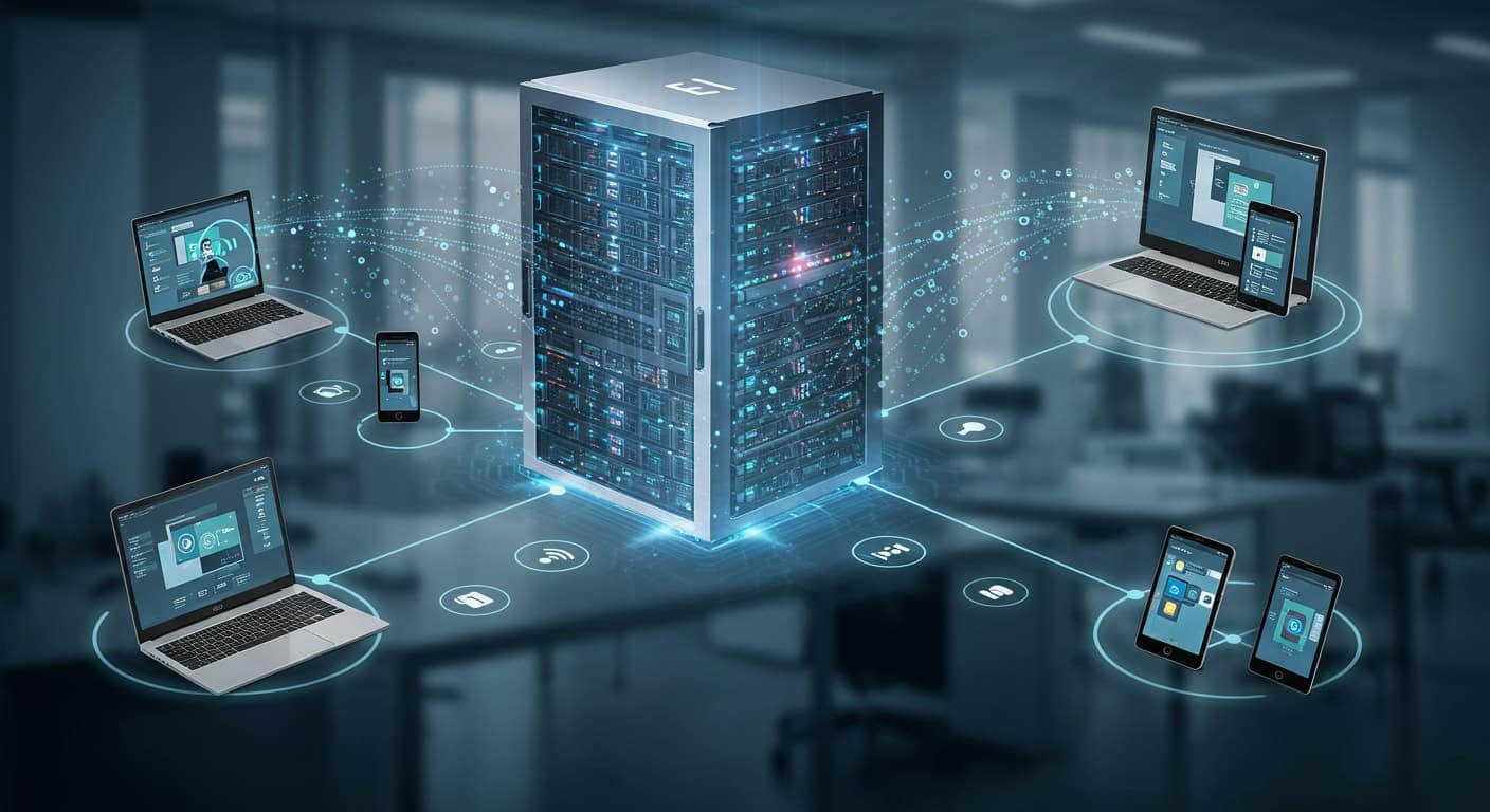 Citrix server streaming virtual desktops and apps to multiple devices, highlighting Cisco AnyConnect vs Citrix architecture differences