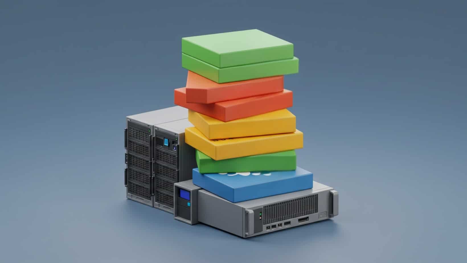 Colorful stacked blocks symbolizing software layers and server hardware, illustrating infrastructure complexity in VDI and Remote Desktop setups