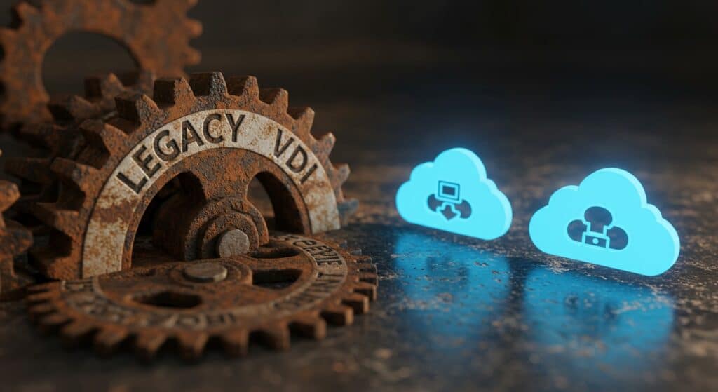 Visual metaphor comparing legacy VDI systems to modern VMware Horizon alternatives using simplified cloud-based desktops.