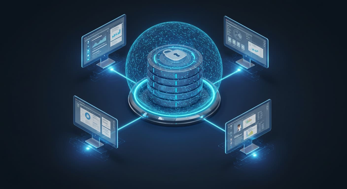 Graphic representation of secured data center connected to multiple computers, emphasizing enhanced security and collaboration