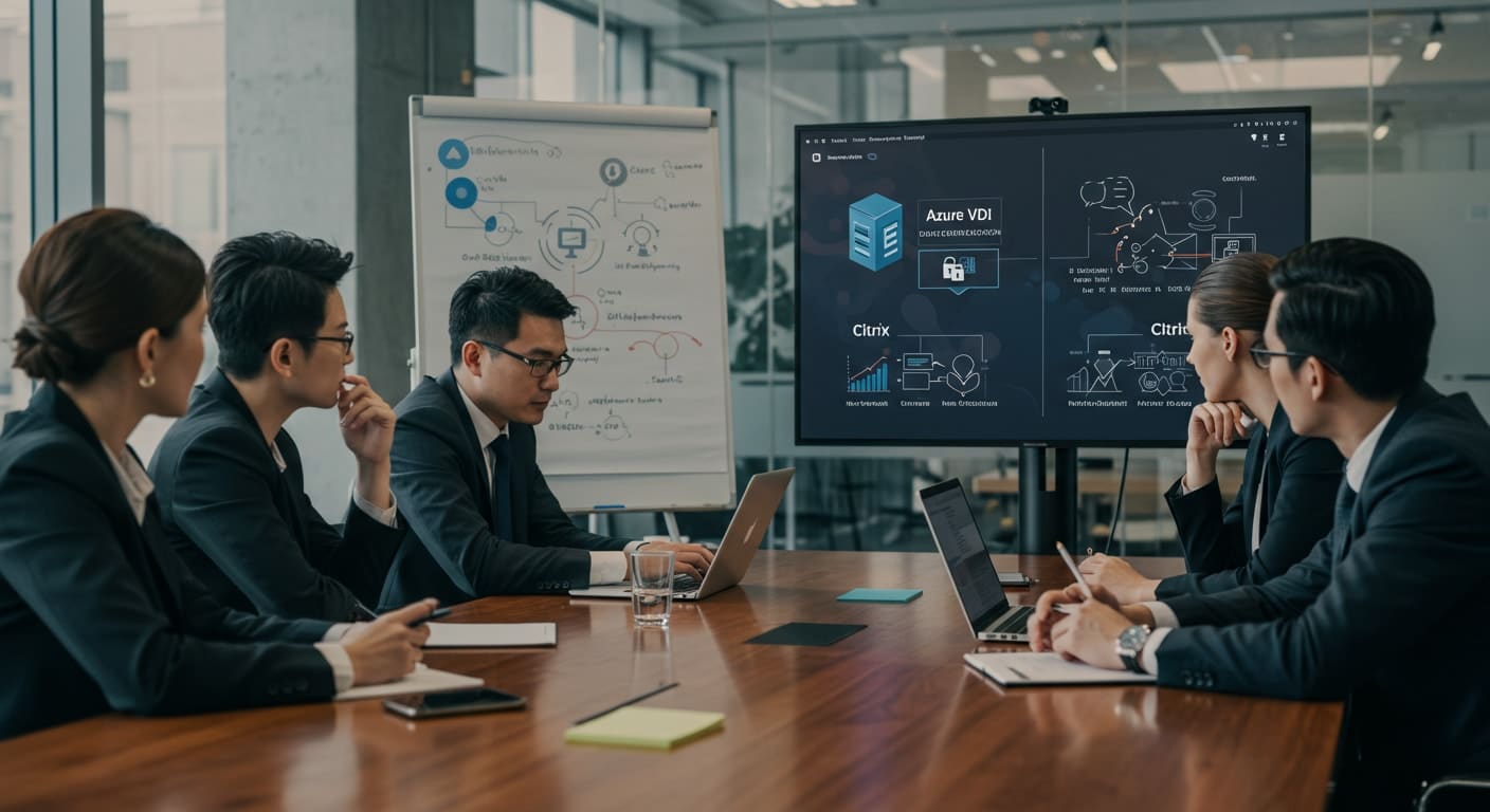 "Business team comparing Azure VDI vs Citrix features during a strategy meeting with cloud architecture diagrams.