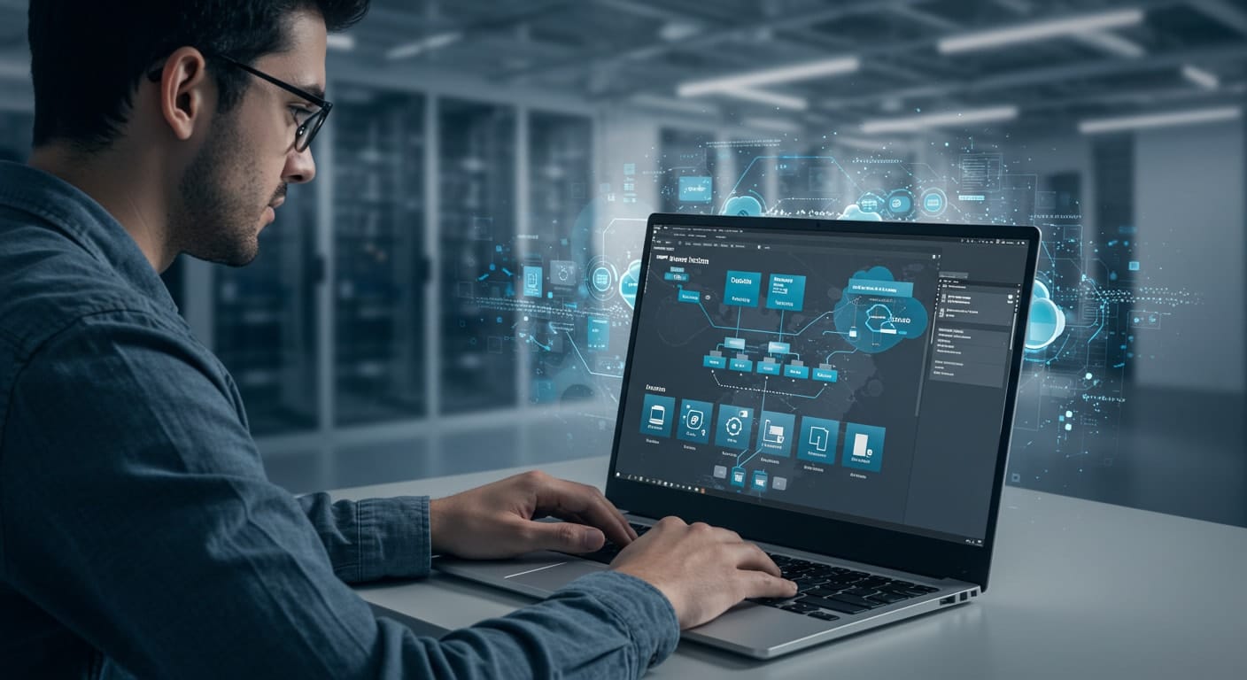 IT professional configuring VMware Horizon setup on a laptop with cloud infrastructure diagram