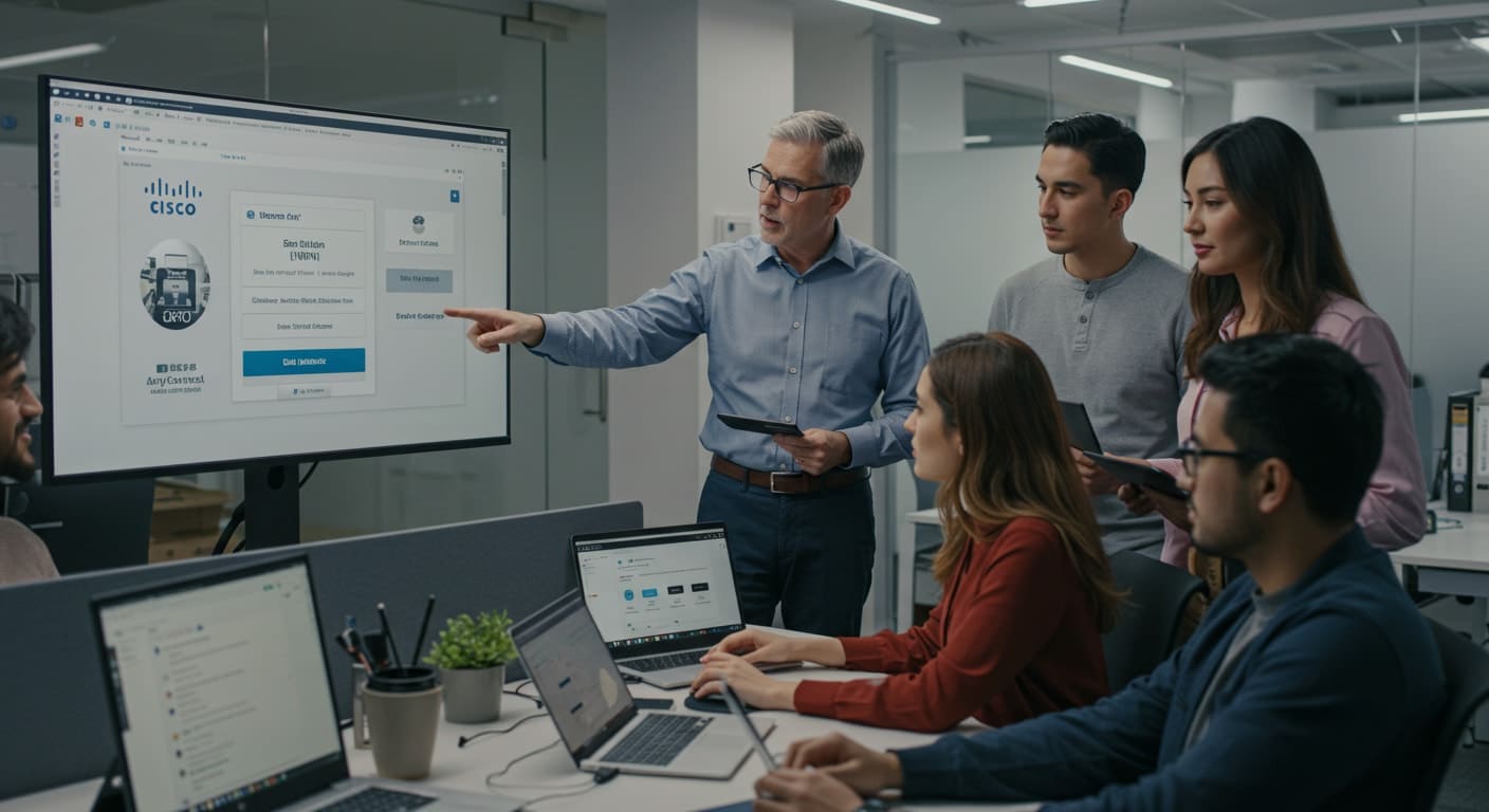 Employees in a meeting reviewing Cisco AnyConnect secure login screen, comparing Cisco AnyConnect vs Citrix authentication methods