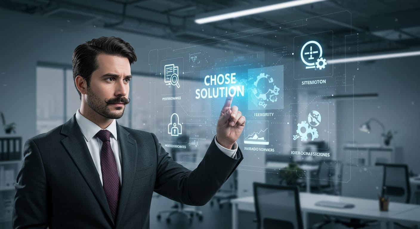 Business professional selecting virtual desktop infrastructure solutions on a futuristic holographic interface.