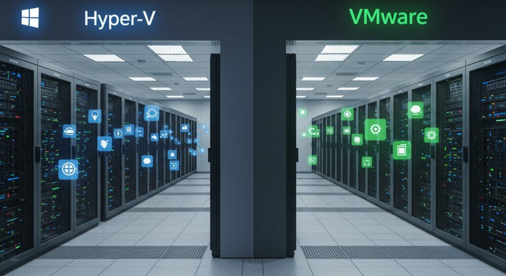 Hyper-V vs VMware virtualization platforms compared side by side in a modern data center with servers and app icons