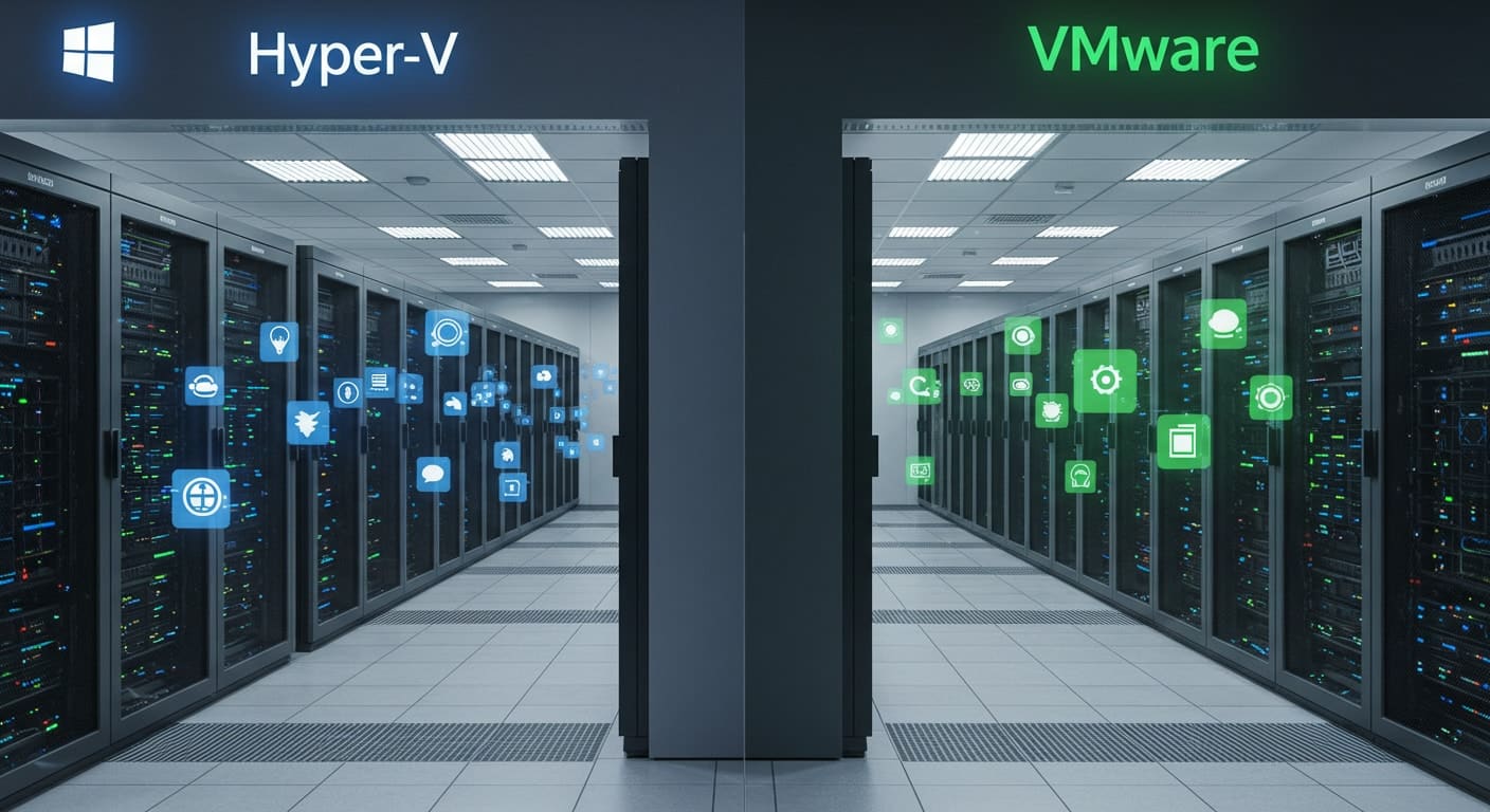 Hyper-V vs VMware virtualization platforms compared side by side in a modern data center with servers and app icons