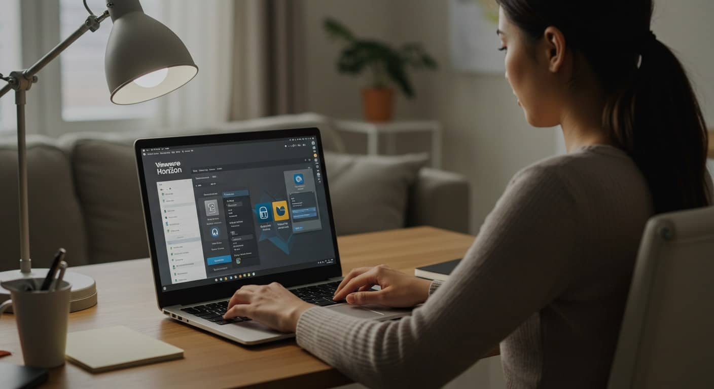 Professional using VMware Horizon on a laptop in a home office, showing what is VMware Horizon in a hybrid work environment.