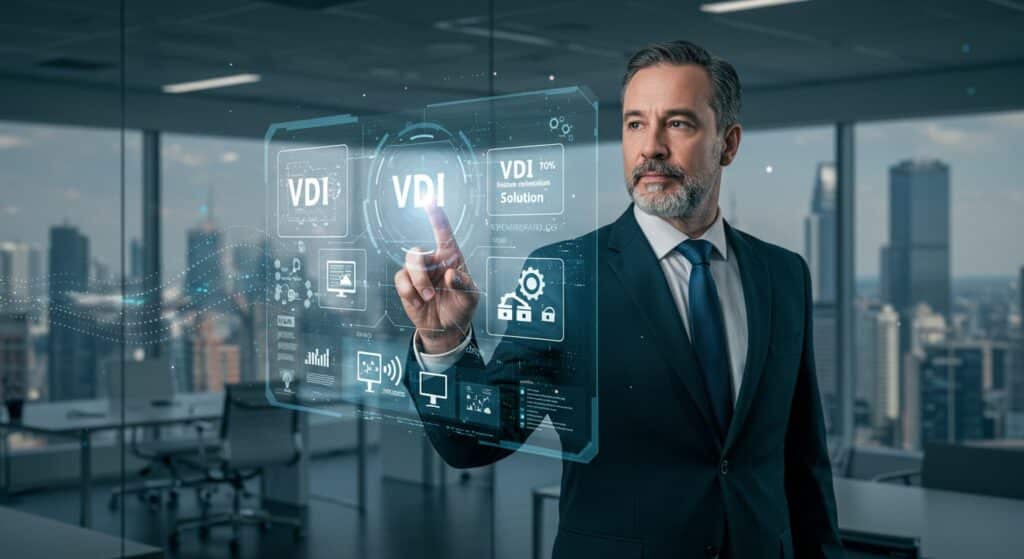 Business professional interacting with a holographic display illustrating various types of VDI solutions.