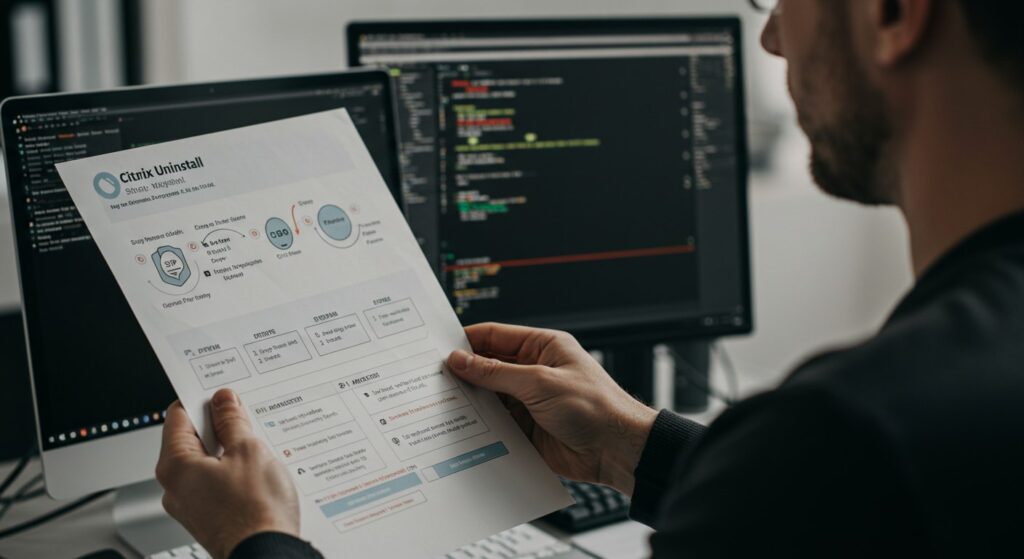 Developer reviewing Citrix uninstall guide in front of dual-monitor Windows workstation