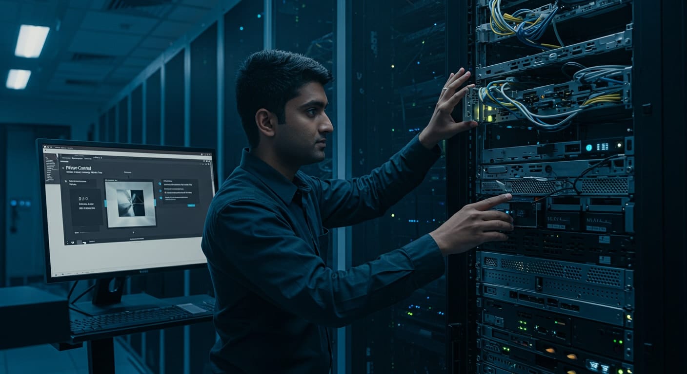 IT engineer configuring Nutanix hyperconverged infrastructure servers in a data center, highlighting Nutanix AOS and AHV as an alternative to VMware ESXi in the Nutanix vs VMware comparison.