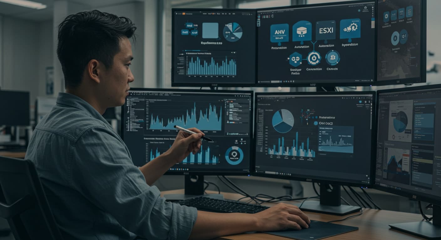 Engineer reviewing Nutanix AHV vs VMware ESXi feature comparison on multi-screen dashboards in a data center environment.