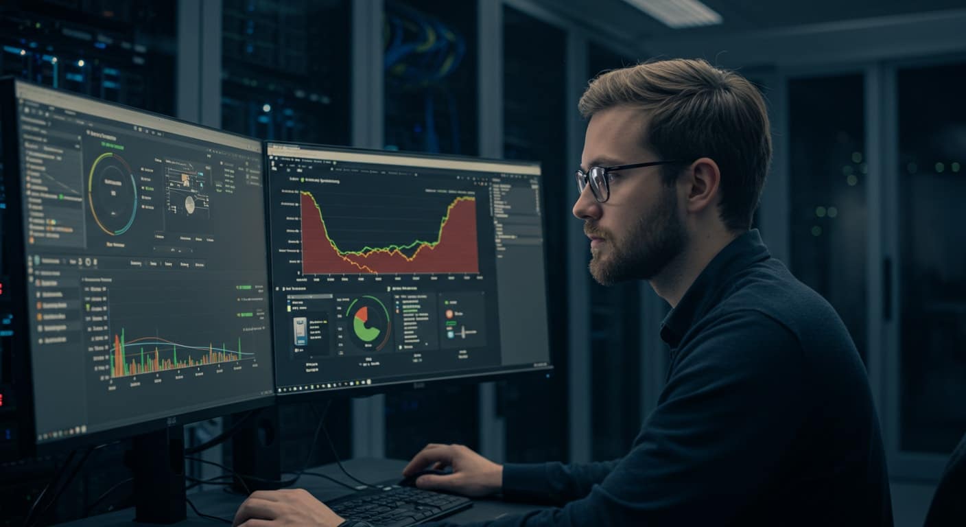 Engineer analyzing virtualization performance metrics in Proxmox vs VMware environments on dual monitors
