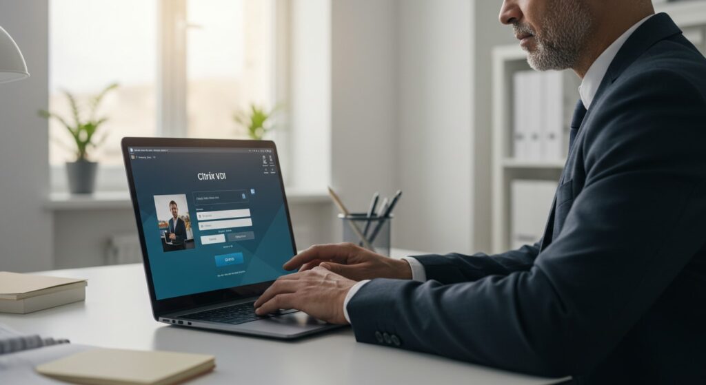 Professional logging into Citrix VDI on a laptop, representing secure remote desktop access for business environments.