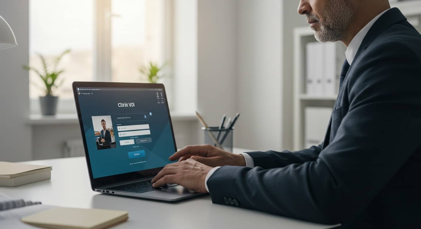 Professional logging into Citrix VDI on a laptop, representing secure remote desktop access for business environments.