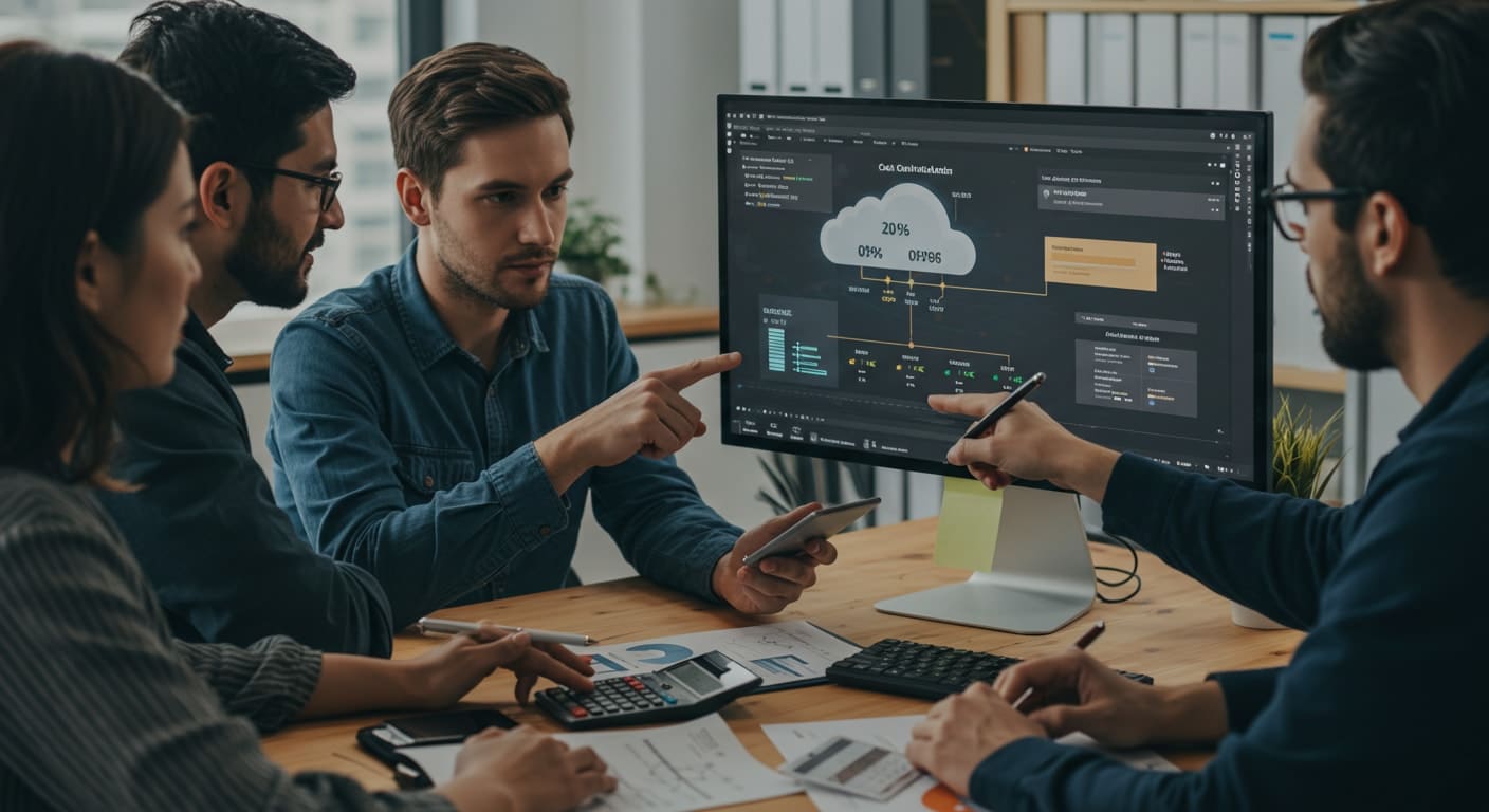 Business team analyzing a cloud pricing breakdown on screen, evaluating VDI as a Service pricing options to align with their budget and usage needs.
