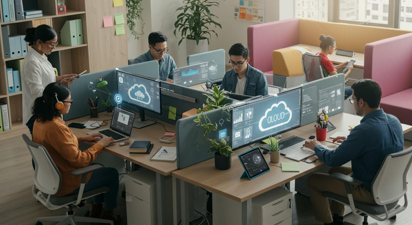 Modern office team efficiently using cloud technology provided by Desktop as a Service Providers on multiple devices