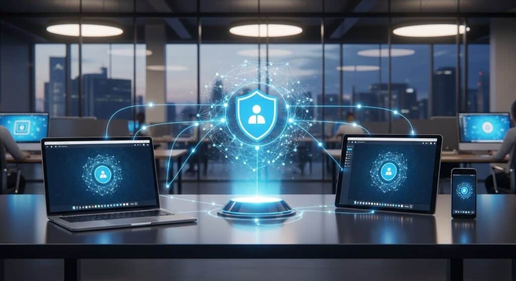 Secure cloud workspace illustration showing connected devices protected by a digital shield, representing what is Citrix Enterprise Browser and its role in secure web access.