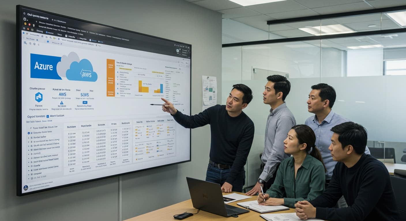 Business team reviewing Azure vs AWS cloud performance dashboards during a strategy meeting.